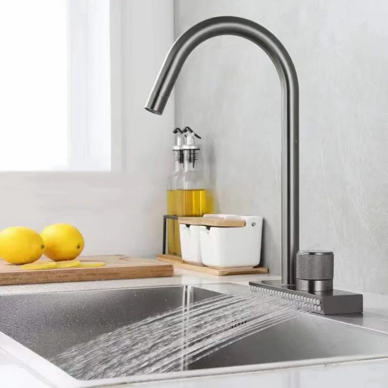 304 Stainless Steel Single Hole Waterfall Hot And Cold Kitchen Faucet Grey Pull Out Rotation Kitchen Sink Tap Multifunctional