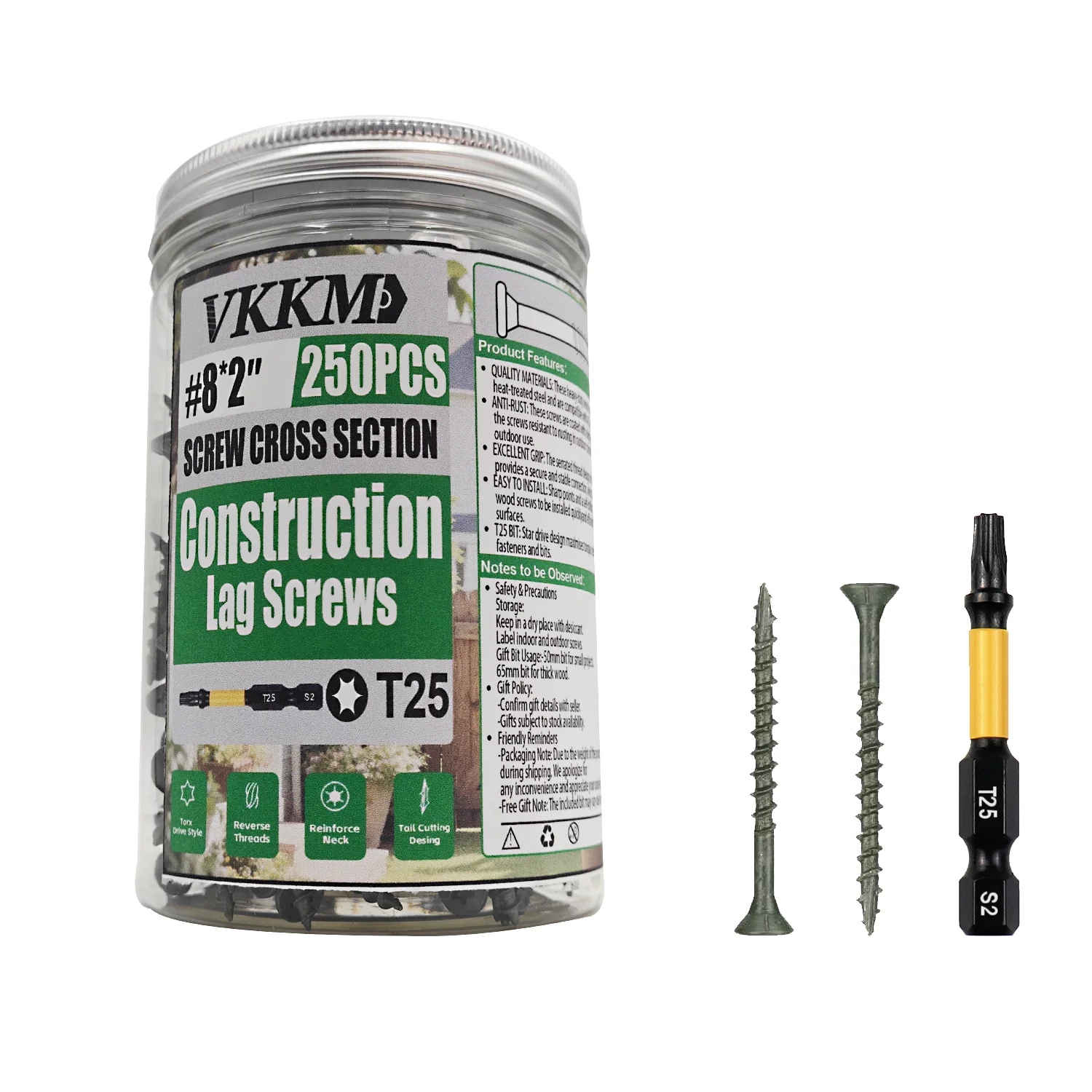 

VKKM 250Pcs #8×2" Green Construction Lag Screws – T25 Torx Drive, Carbon Steel, for US Decking, Fencing & Outdoor Projects