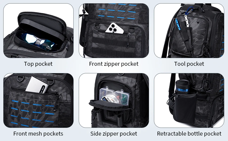 50L Großer Angelrucksack 900D Wasserabweisende Angeltaschen zur Aufbewahrung von Angelausrüstung, Geschenk für Männer – Detail 3