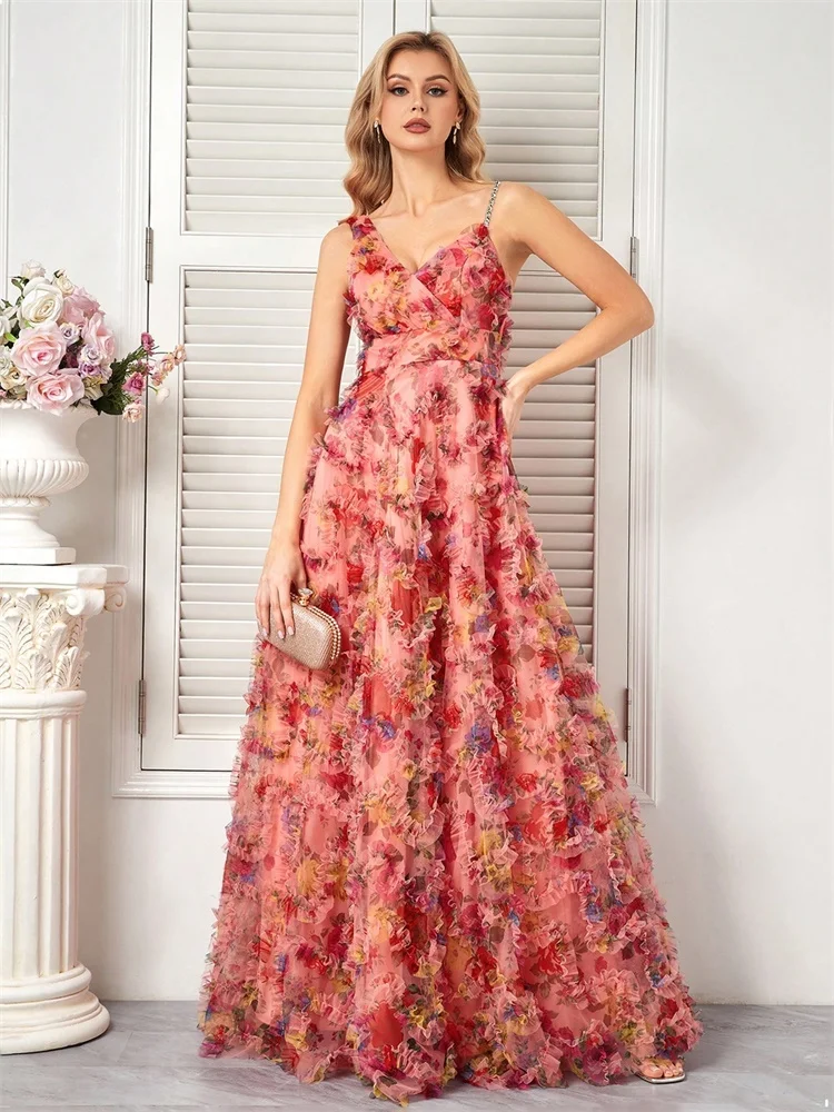 

Роскошное розовое вечернее платье с цветочным узором и V-образным вырезом для женщин, элегантное тюлевое платье для подружек невесты, свадебное, для выпускного вечера, коктейльное, в пол