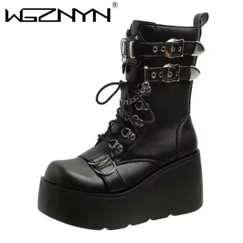 

2025 Chunky Platform Punk Boots Woman Fashion Buckle Wedges Ankle Boots Women Leather Thick High Heel Motorcycle Botas Plus Size