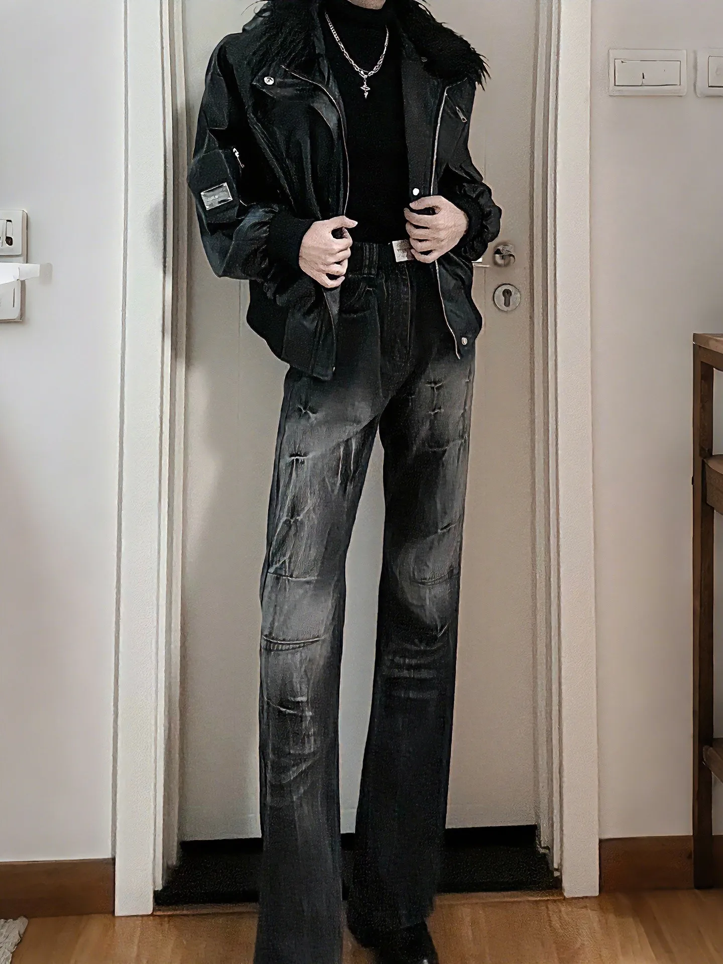 

Slim Fit American High Street Lightning Pattern Jeans Men's Wide Leg Narrow Version Straight Tube Pants Youth Casual Denim