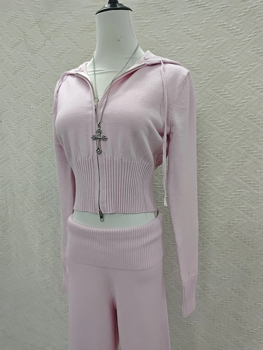 Solid Knitted Slim Cardigan Pant Set Woman Hooded Zip-up Cropped Sweater+Long Flare Pants Sweet Streetwear 2 Piece Sets Y2k