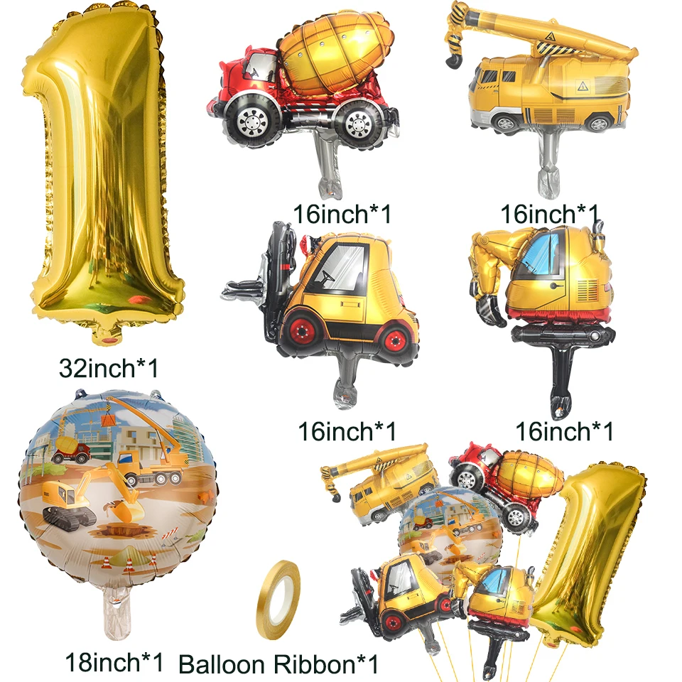 6pcs Carton Vehicle Balloon with 32inch Gold Number Balloon Set for Boy\'s Construction Themed Birthday Party Decorations