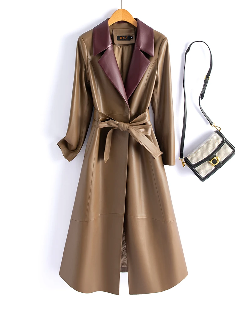 Manteau en cuir véritable Haining pour femme, coupe mi-longue, en peau de mouton, coupe-vent, nouvelle collection automne 2025, col tailleur, ceinturé