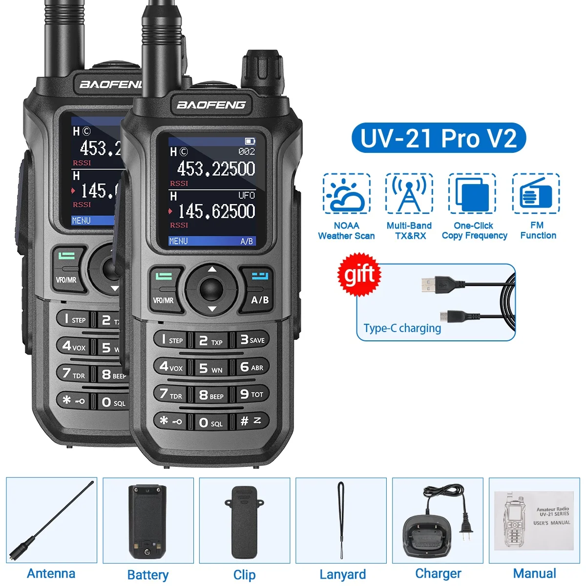 2PCS Baofeng UV-21 Pro Walkie Talkie Multi Band Draadloze Kopieerfrequentie Lange afstand 999CH AM High Power UV 5R K6 5RH Ham Radio