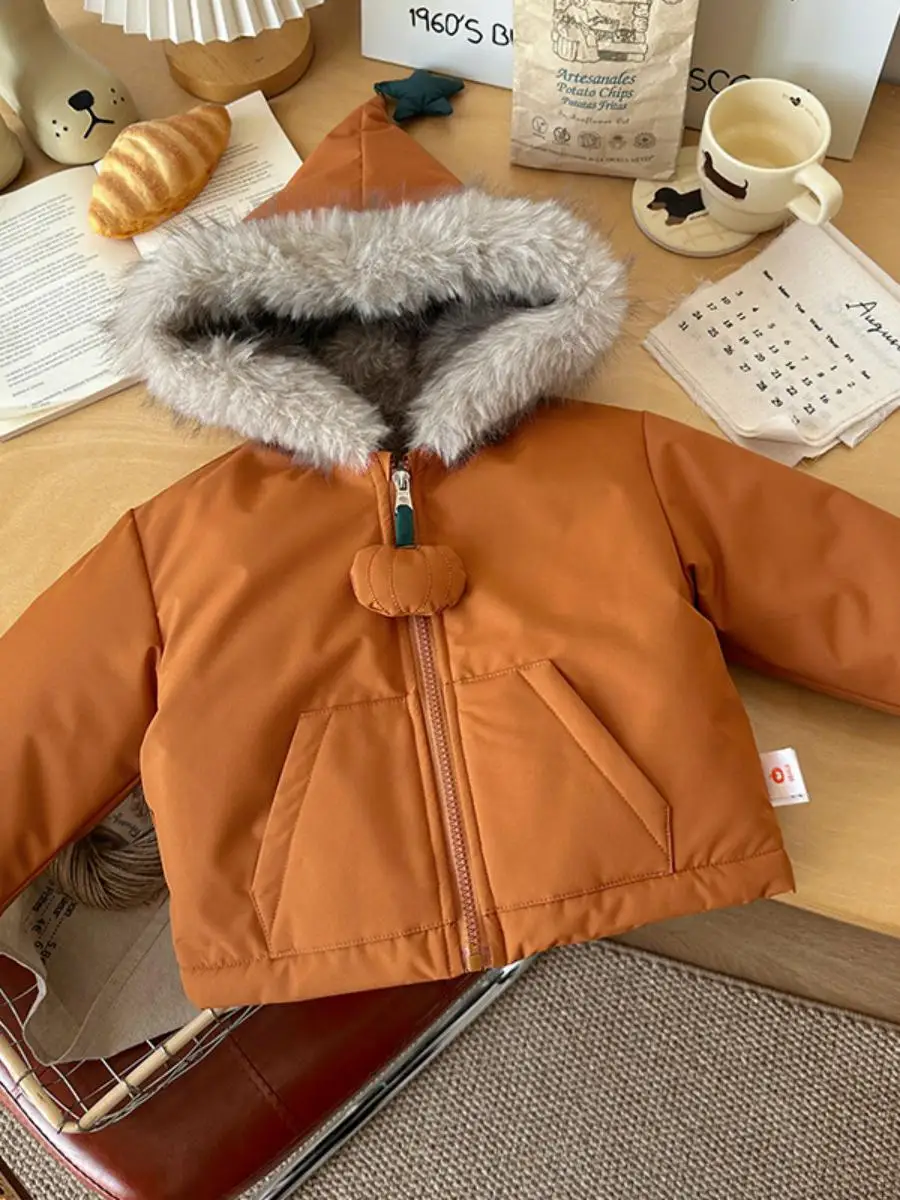 

Детская хлопковая куртка Thiened Fce, новая зимняя модель, с капюшоном, с мультяшным принтом, теплая, с мехом, для девочек и младенцев