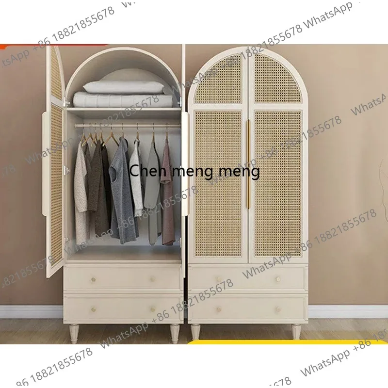 

French light luxury solid wood wardrobe Nordic bedroom rattan double door locker combination