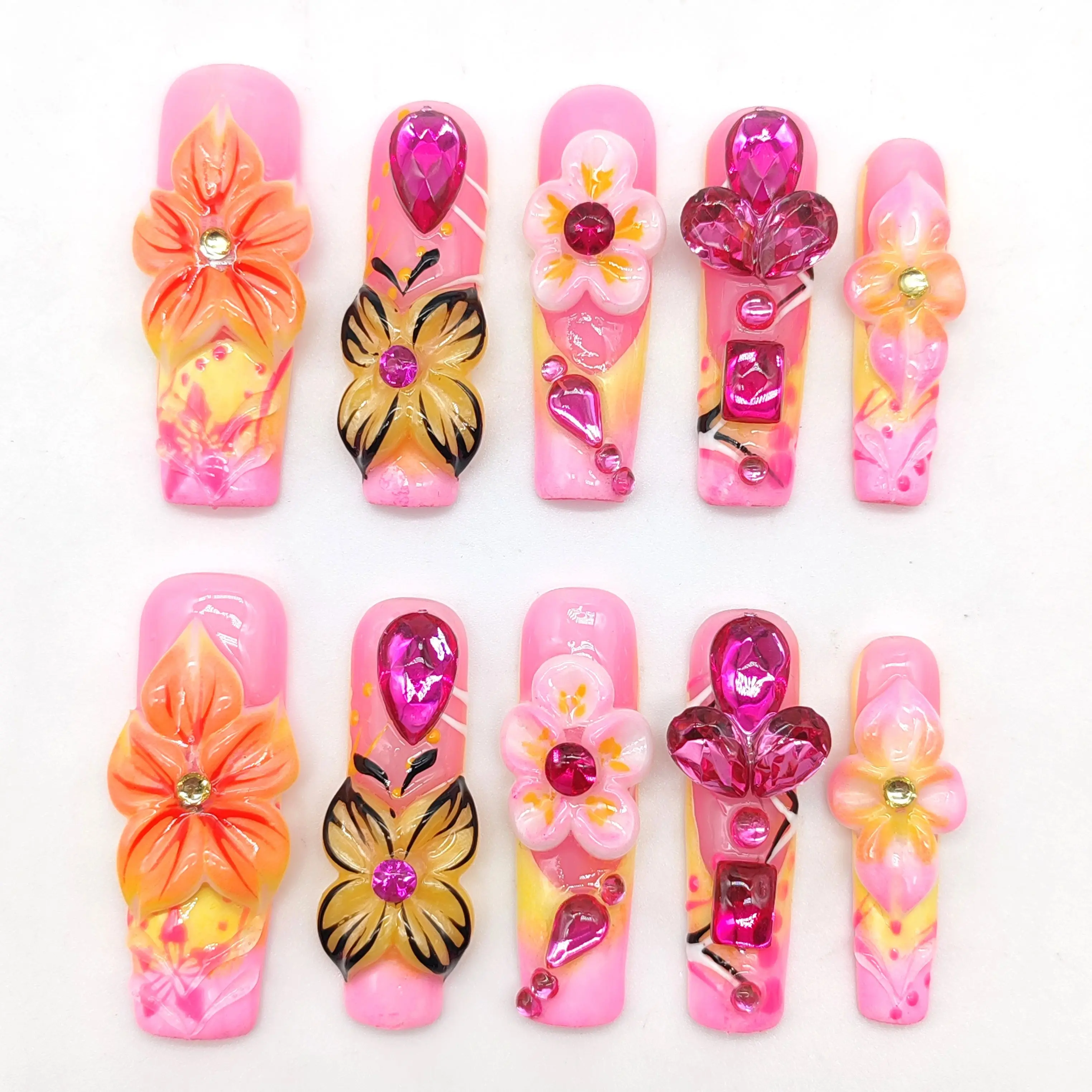 A set of 10 pieces of 45 mm handmade press-on square false nails, available in multiple colors including pink and yellow. The de