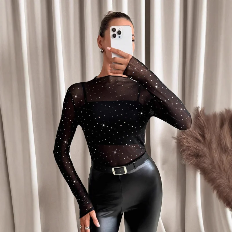 

2025Autumn New Women's Small Stand Collar Long Sleeve Mesh Transparent Rhinestone DecorationTWomen's T-shirt
