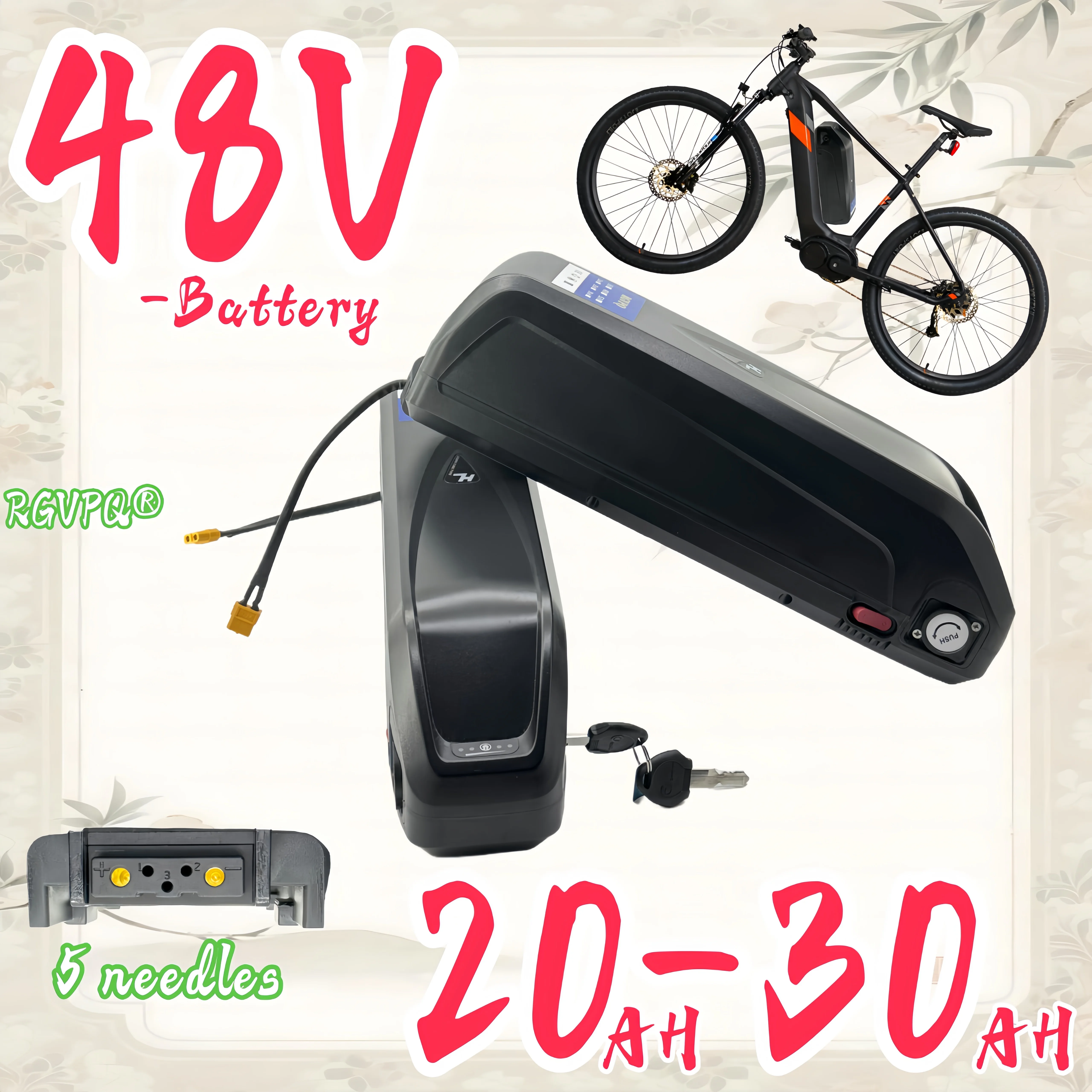

RGVPQ 48V 5-pin Hailong 20AH with built-in 30AHBMS, USB charging 18650 lithium-ion battery 1000W-2000W+charger