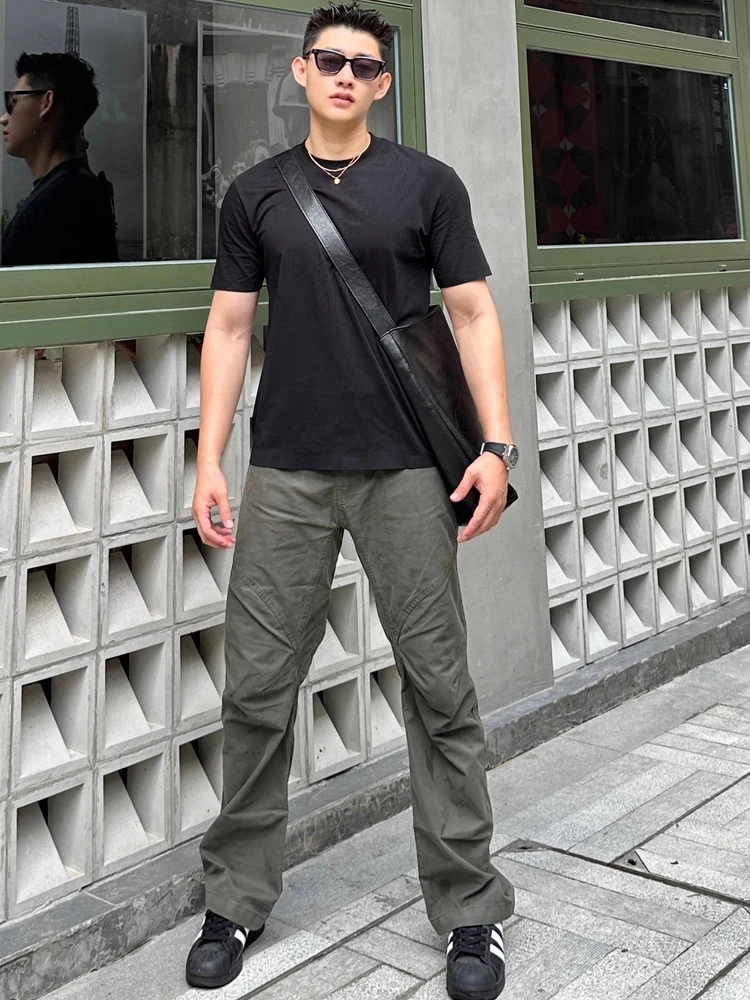 

Casual Canvas Straight Leg Pants Retro Cargo Workwear Trousers Versatile Patchwork 3D Tailoring Straight Cut Pants