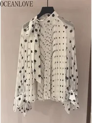 OCEANLOVE Chiffon Shirts&blouses Women Tops Polka Dot Spring Autumn Elegant Blusas Mujer Bow Korean Fashion Sweet Camisas