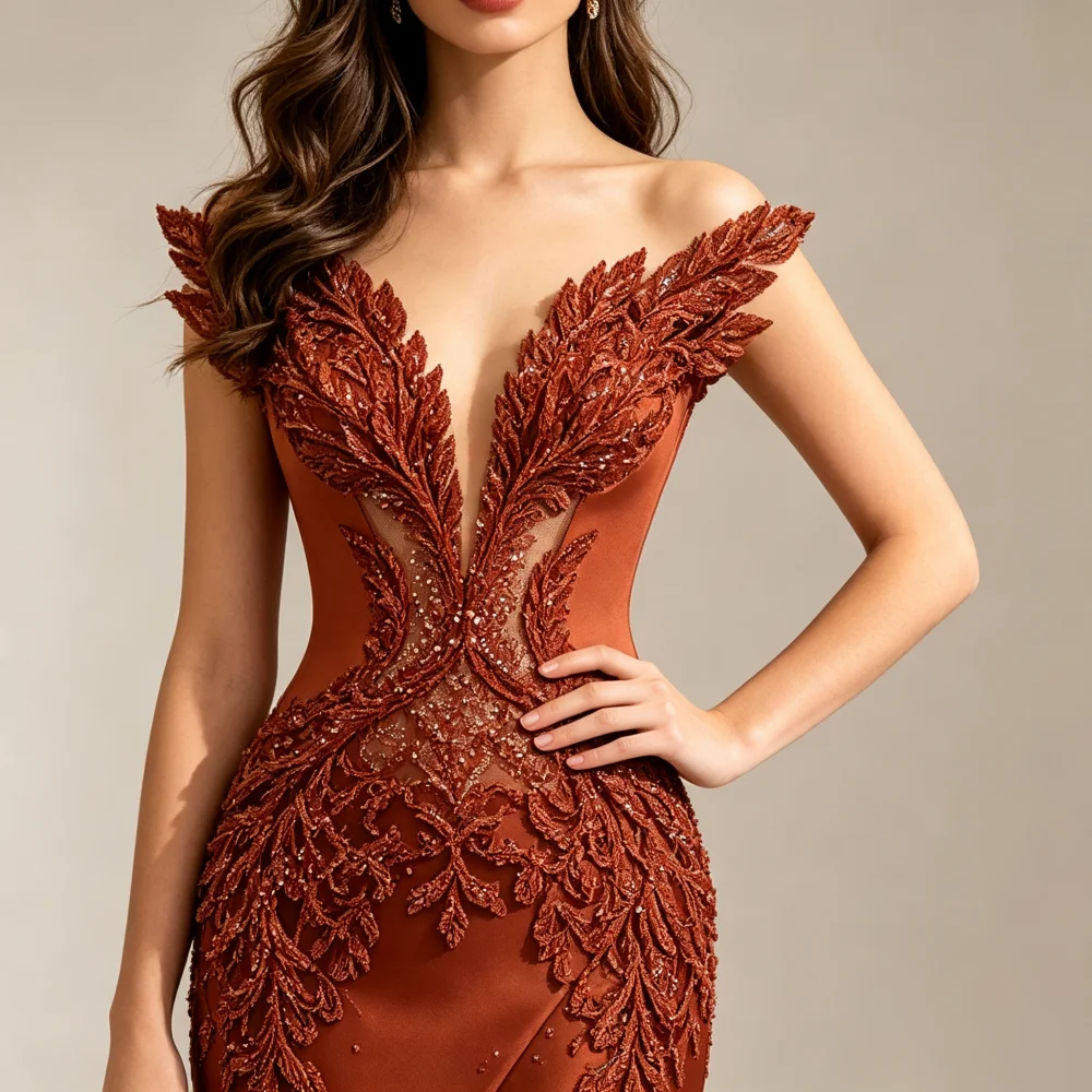 Customized Terracotta Off Shoulder Deep V Mother Of Bride Dresses Leaf Lace Appliques Mermaid Train Formal Wedding Guest Gown image 4