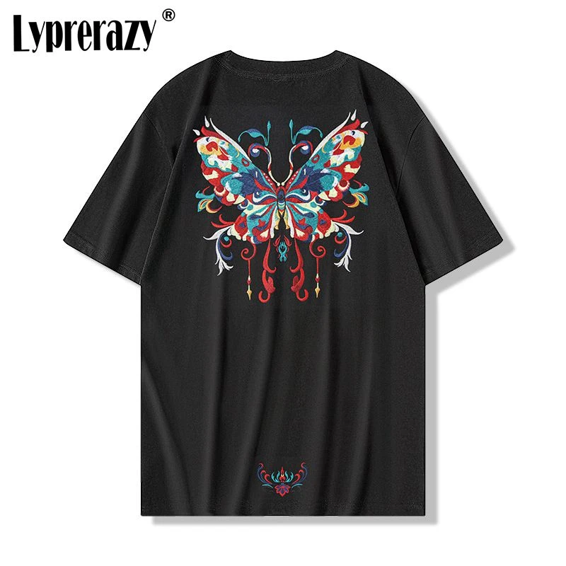 

Lyprerazy New National Tide Short-sleeved T-shirt Chinese Style Butterfly Embroidered Loose Cotton Tops Tees