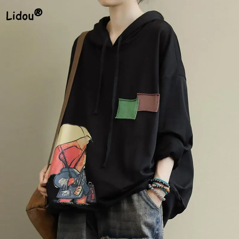 Casual Women\'s Cartoon Printed Hooded T-shirt 2023 Spring Autumn Korean Loose Spliced Long Sleeve Sweatshirts Female Clothing