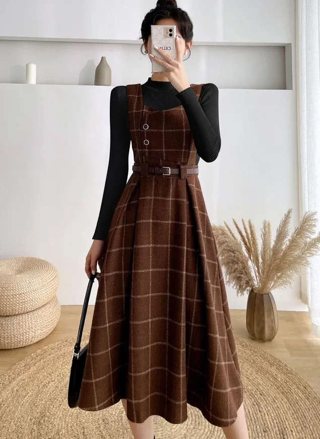 Autumn Winter Lady fashion Overalls 2 Piece Set Dress Women Turtleneck Knitted Sweater Top + Plaid Tweed Slim Big Swing Dress