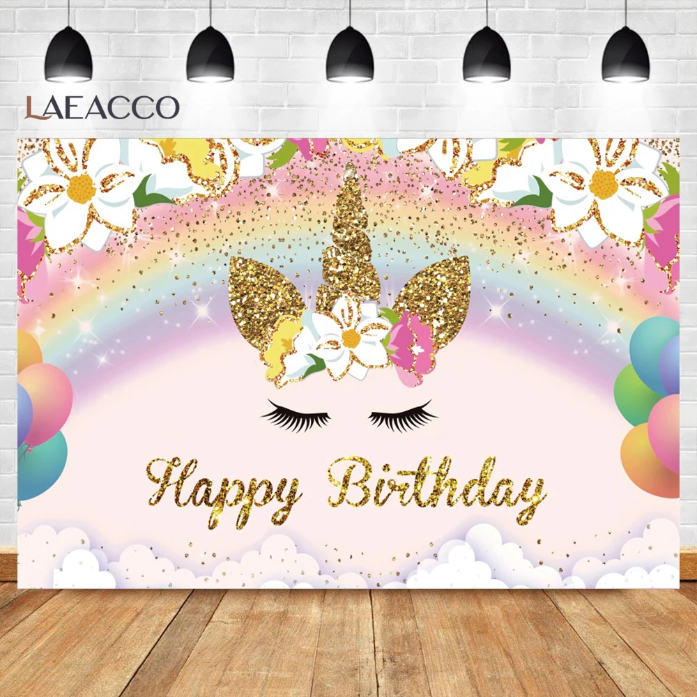 خلفيات صور لحفلات أعياد ميلاد سعيد من Laeacco عليها قوس قزح ووحيد القرن ستارة خلفية لنجوم لامعة زينة لحفلات استحمام الطفل