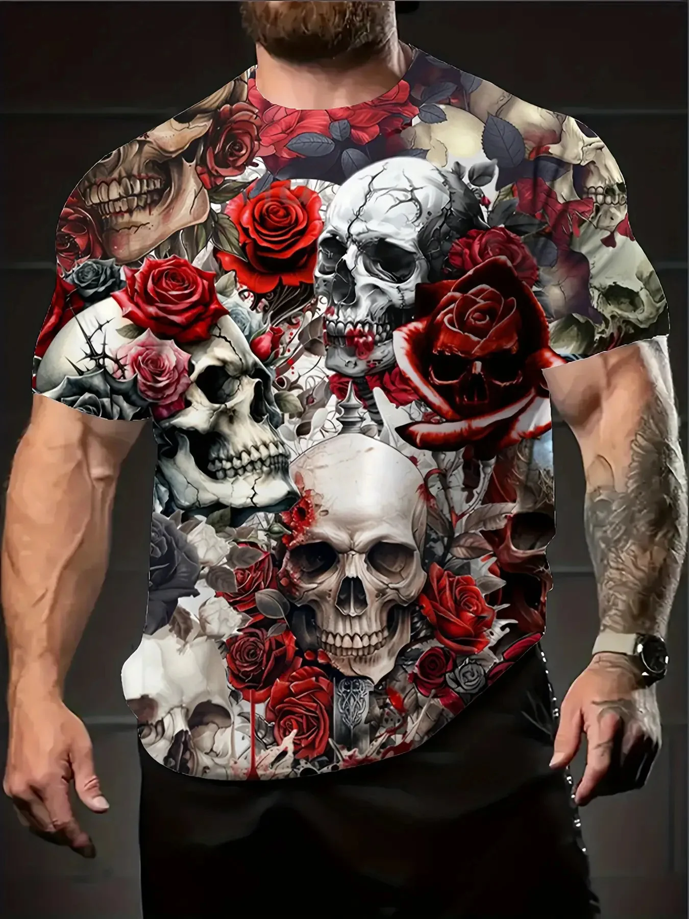 Herren-T-Shirt im Streetwear-Stil mit 3D-Druck – Roter Rosen- und Totenkopf-All-Over-Print – Halloween-Geschenk – Herren-Oberteil – Detail 2