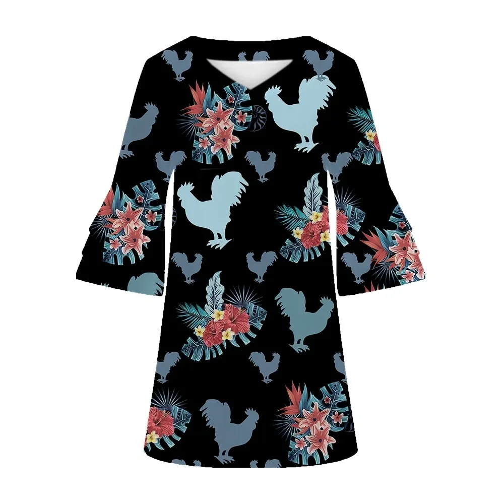 Jumeast Rooster 3D Printed Women Casual Flared Sleeve V-Neck Dress Floral Pattern Elegant Brahman Skirt Tropical Style Clothing