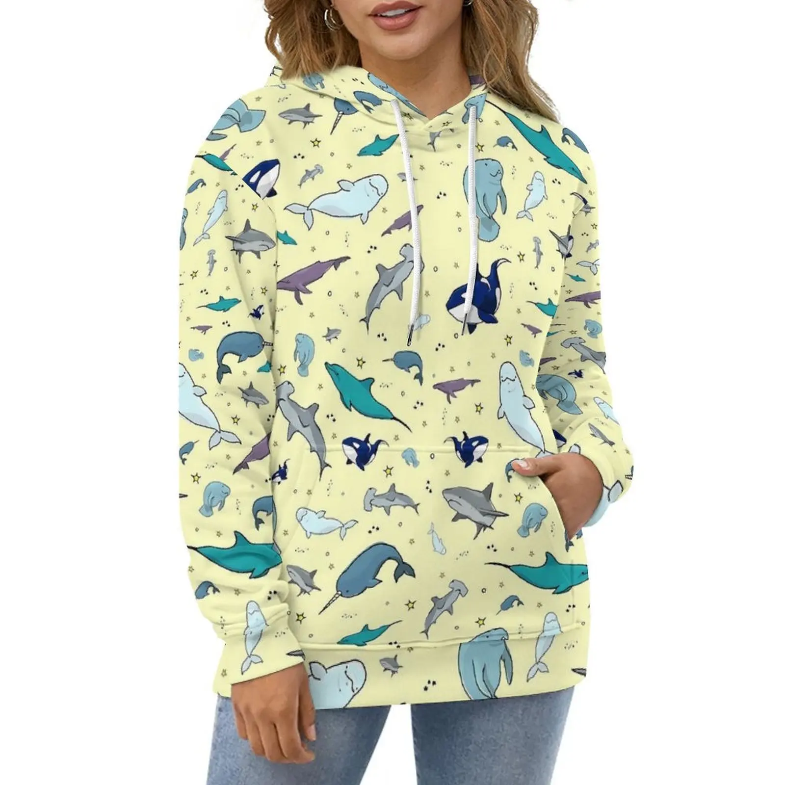 Sea Fish Print Hoodies Ocean in Yellow Harajuku Casual Hoodie Long Sleeve Cool Custom Sweatshirts Birthday Present