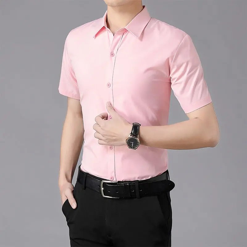 2024 Summer Slim Men's Business Casual Minimalist High-end Feeling Handsome Versatile Solid Color Short Sleeved Shirt for Men