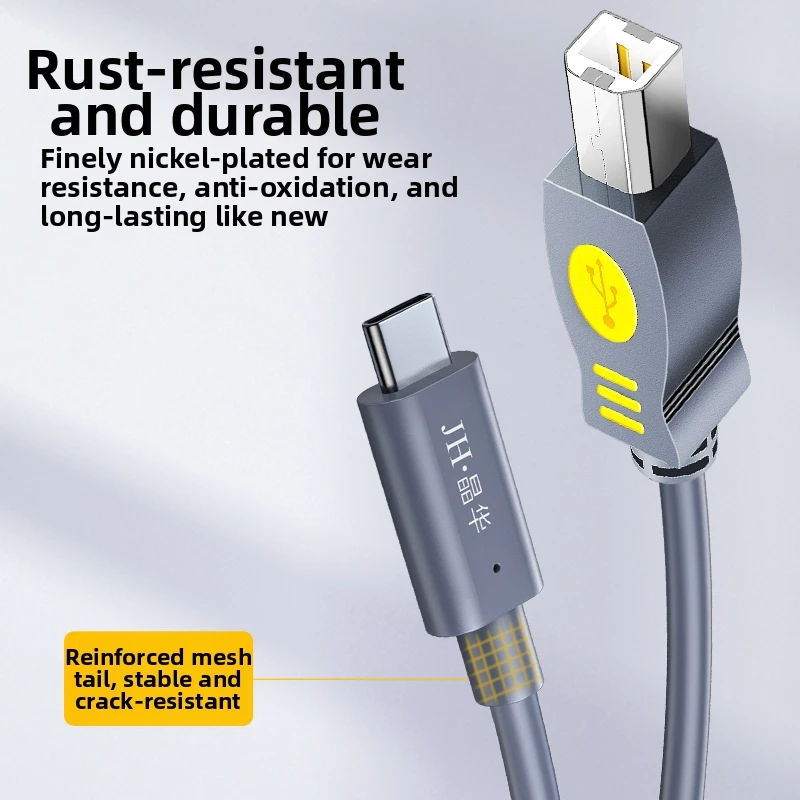 Gray USB 2.0 Type‑C to USB‑B Printer Cable Magnetic Ring USB‑C Square B Data Cord for Printer Scanner Laptop