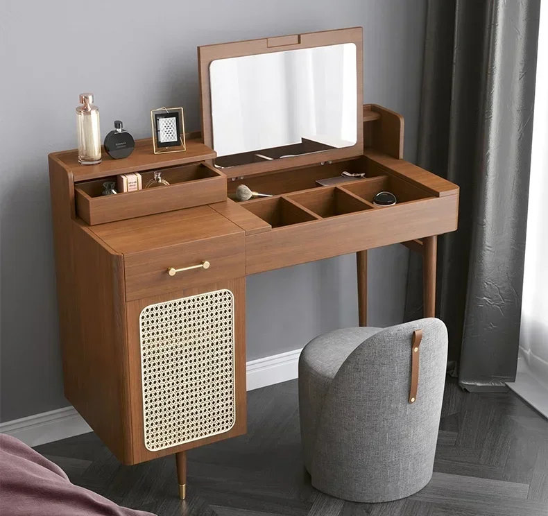 Apartment Bedroom European Style Wood and Rattan Dressing Table