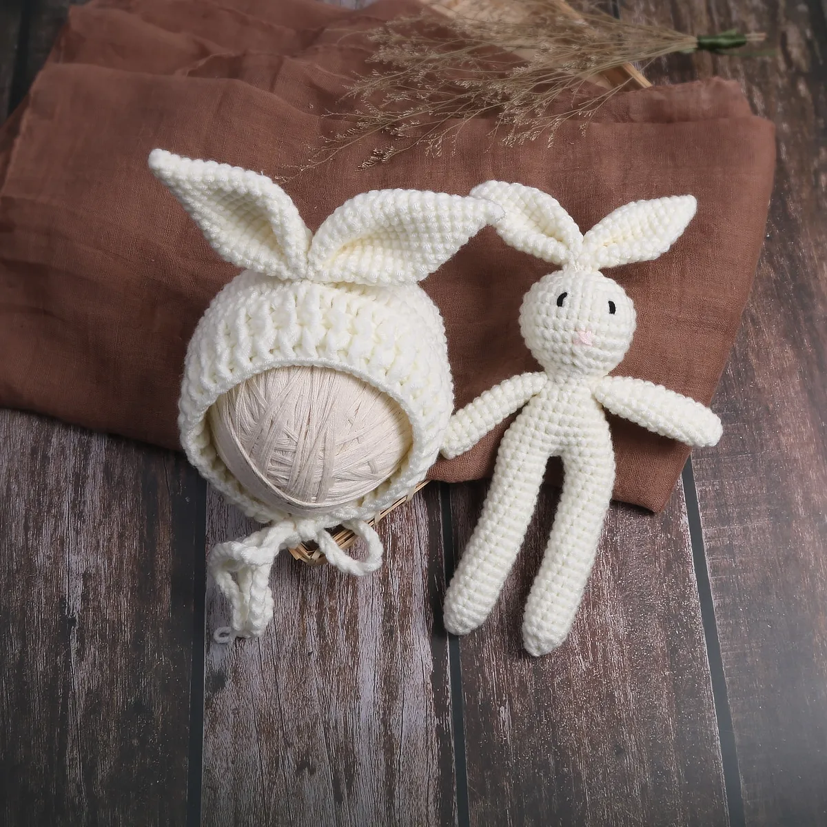 Ylsteed-Muñeca de conejo tejida a mano con orejas, sombrero para sesión de fotos, trajes de fotografía para niña recién nacida, accesorios para sesión de fotos infantil