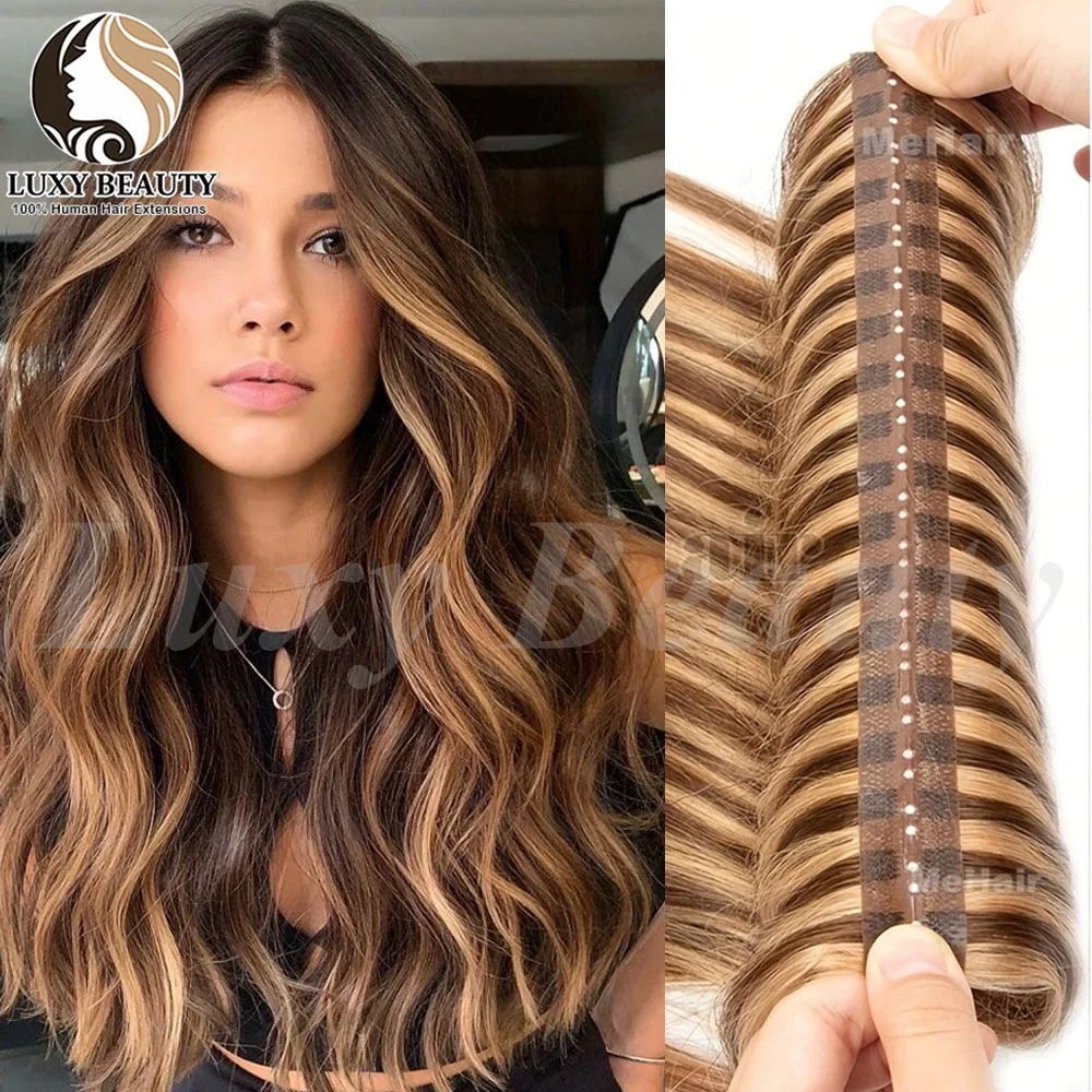 Image of Balayage Braun Schmetterlingsloch-Tressen-Haarverlängerungen, glatt, unsichtbar, Twin-Tab-Tressen, Naturblond, Loch-Tressen-Echthaarverlängerung