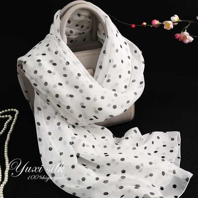 

High Quality White Background Black round Dot 100% Silk Long Polka Scarves Shawl Women's Spring, Autumn and Winter Summer Scarf