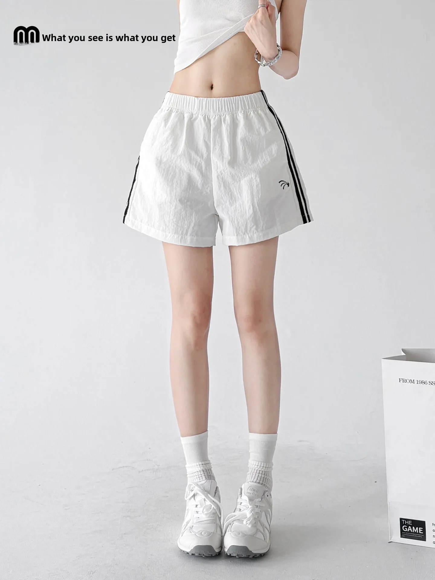 

Basic Sport Pants High Waist Striped Shorts Casual Loose Fit White Summer 2026 Fashion Trend Slimming Effect Versatile Shorts