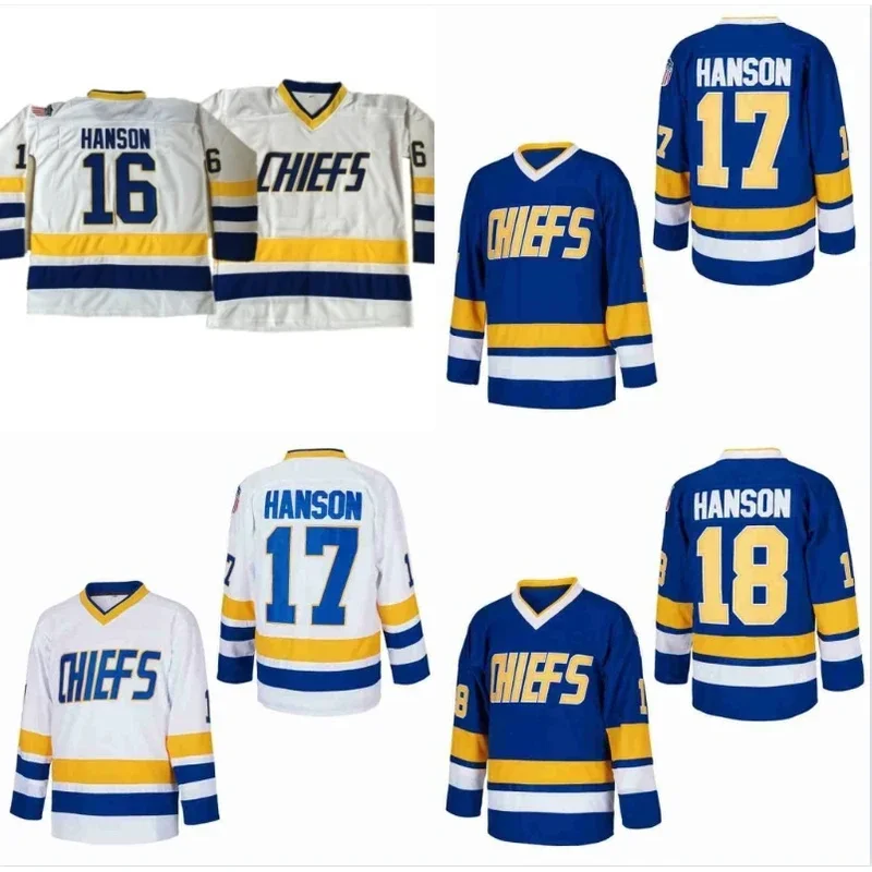 Hanson Brothers Charlestown Chiefs 16 Jack 17 Steve 18 Jeff Slap Shot Camisa de hóquei do filme