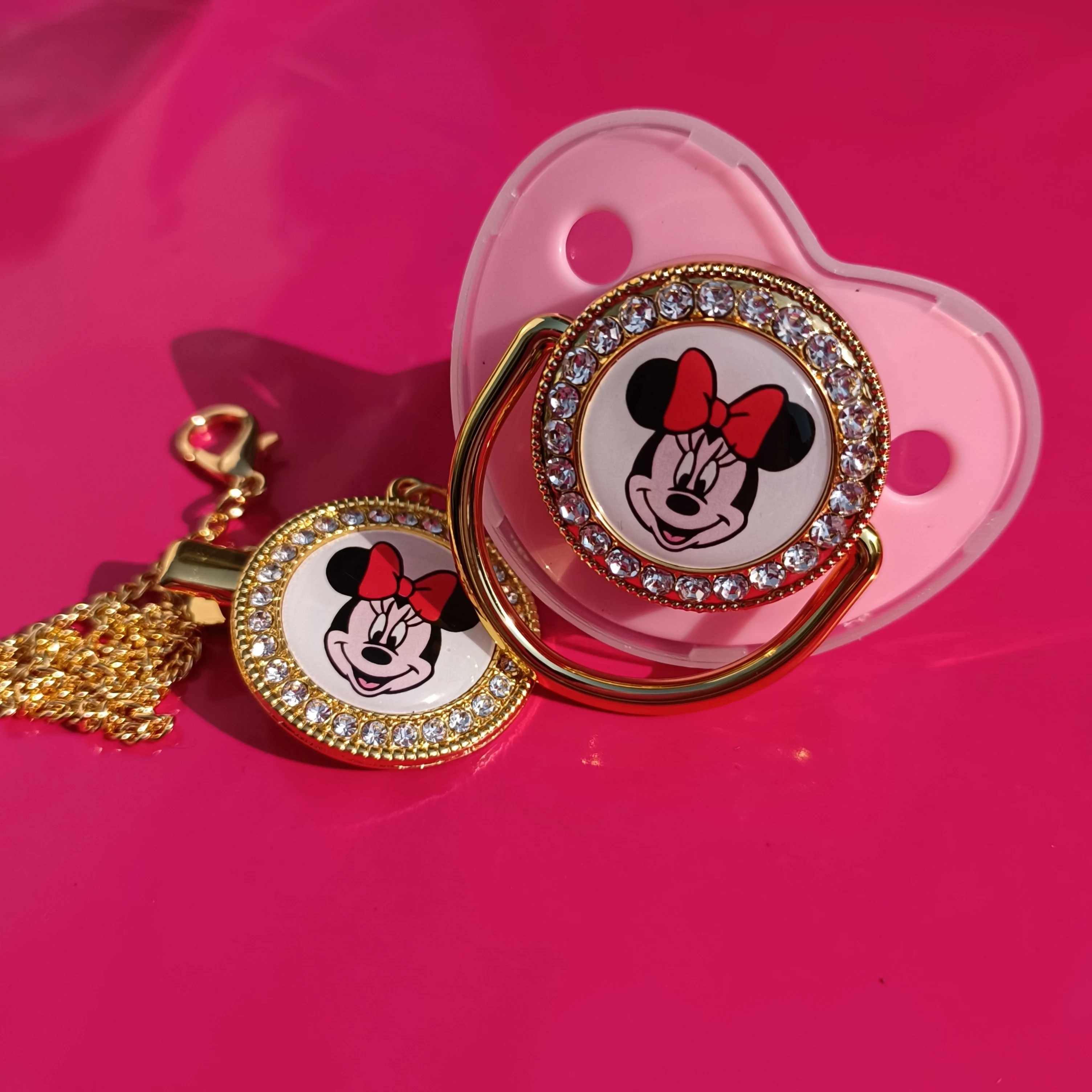 [ 1Set ] Ddlg Pink Rhinestone Baby Pacifier and Pacifier Clips Minnie Mouse Simba Stitch Adult Kids Newborn Babies Bling Dummy