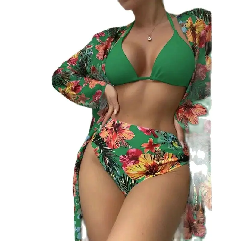 Set bikini con protezione solare da donna, costume da bagno a vita alta, stampa copricostume a maniche lunghe, costume da bagno da spiaggia, costumi da bagno estivi, 3 pezzi