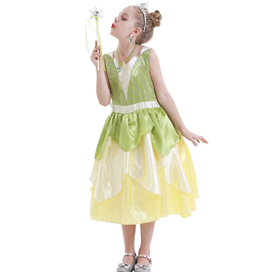 Classic Girls Fairy Tale Tiana Cosplay Costumes Elegant Green Princess Dress Carnival Birthday Party Summer Sleeveless Vestidos