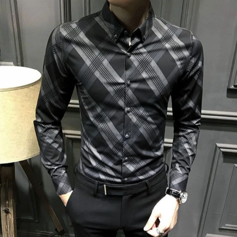 

New Korean Style Trendy Autumn Long Sleeve Plaid Shirt Men Casual Slim Fit Wrinkle Free Business Shirt