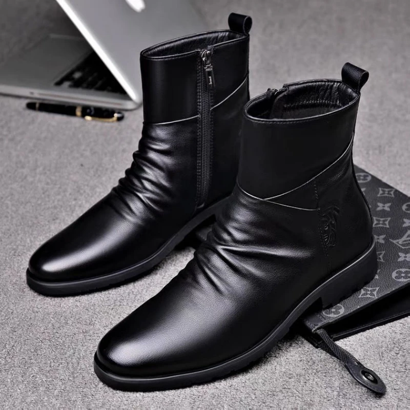 Autumn Winter Cowhide Men's Motorcycle Boots with Anti Slip Side Zippers and Plush Warmth Men Boots Snow Boots