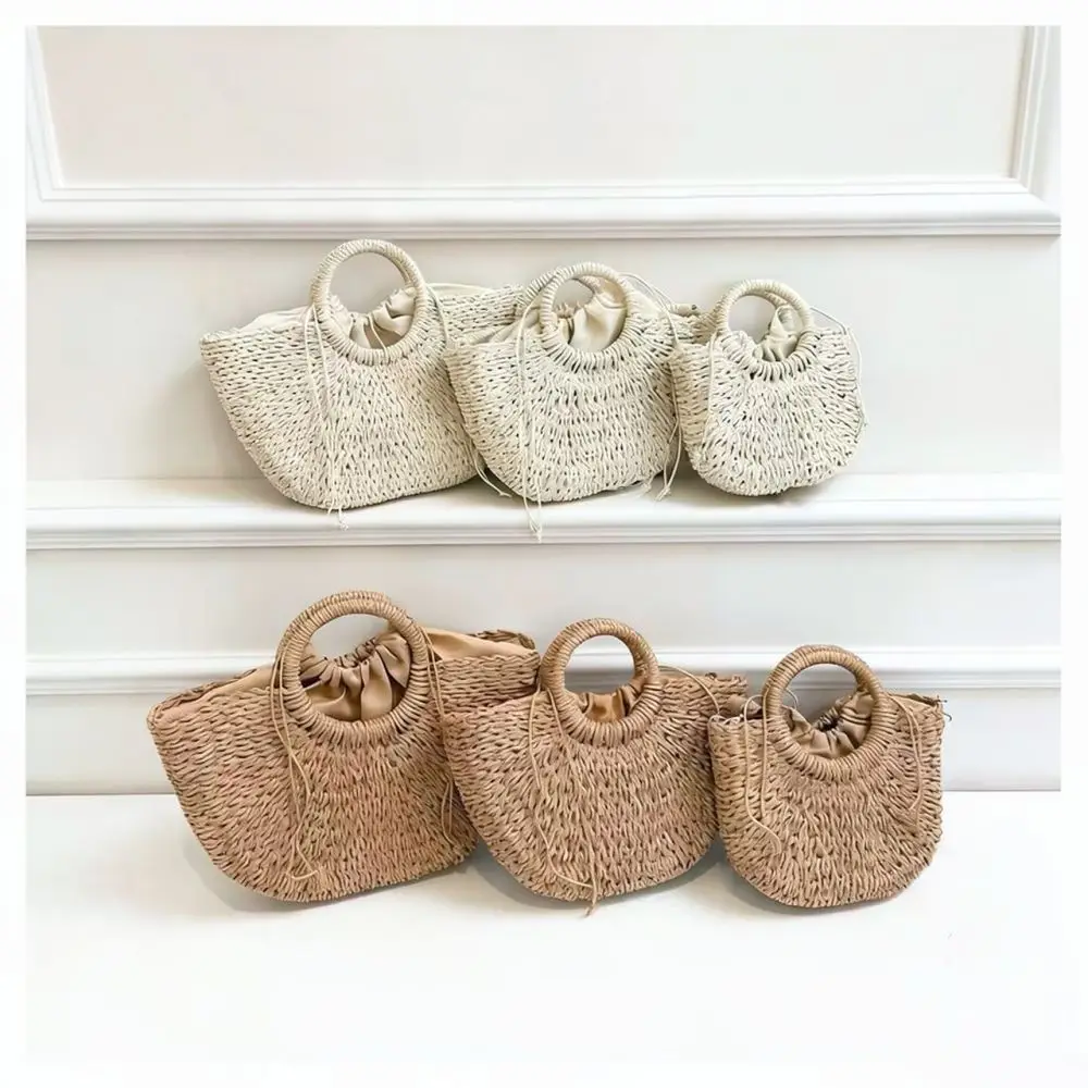 Casual Woven Straw Bag Women Half Round Handbag Handmade Paper Rope Purse Summer Beach Shoulder Tote Retro Fashion Accessory