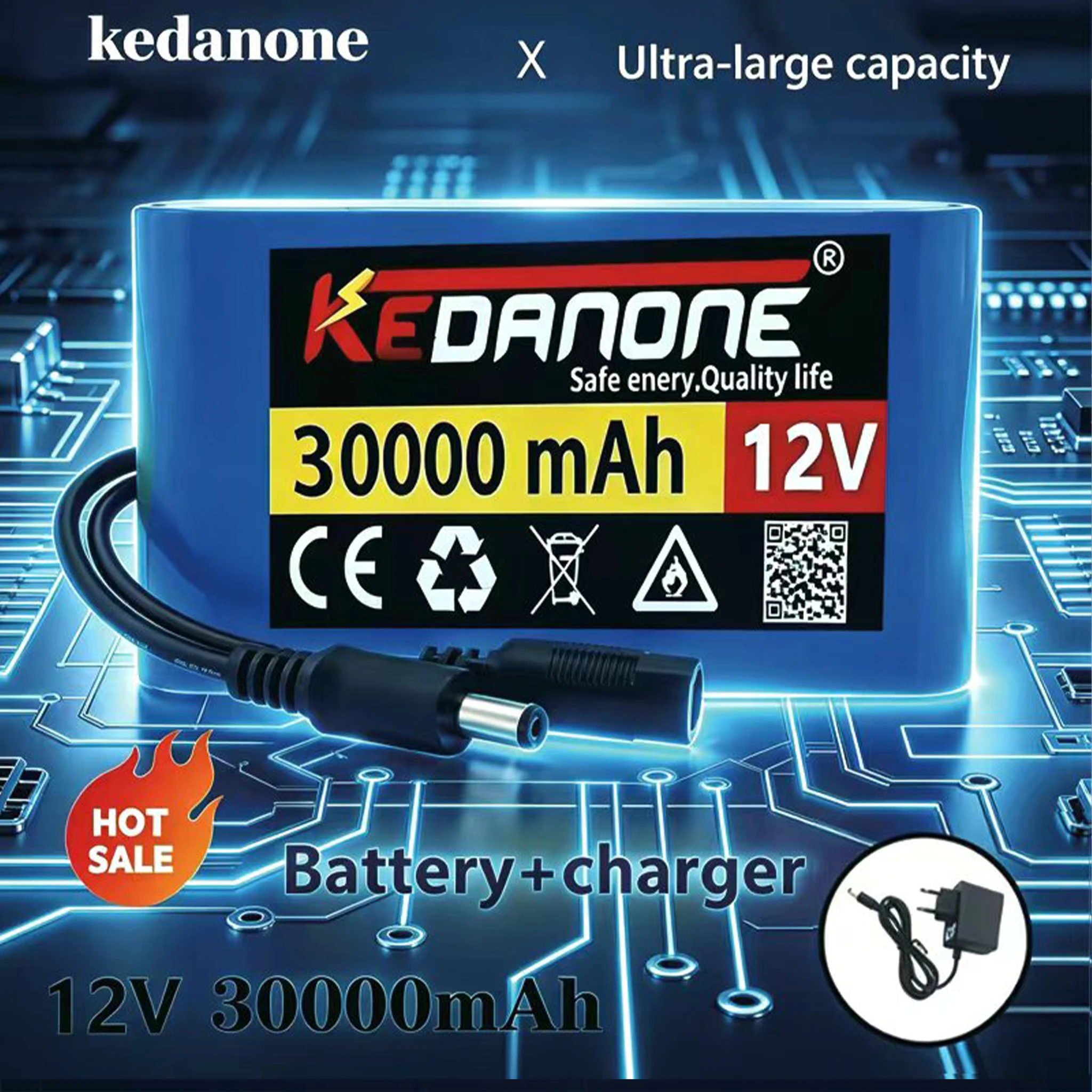 Batteria agli ioni di litio portatile ad alta capacità con BMS 3S2P 30000mAh 12V, batteria 18650 con monitoraggio, audio, luci LED + caricabatterie