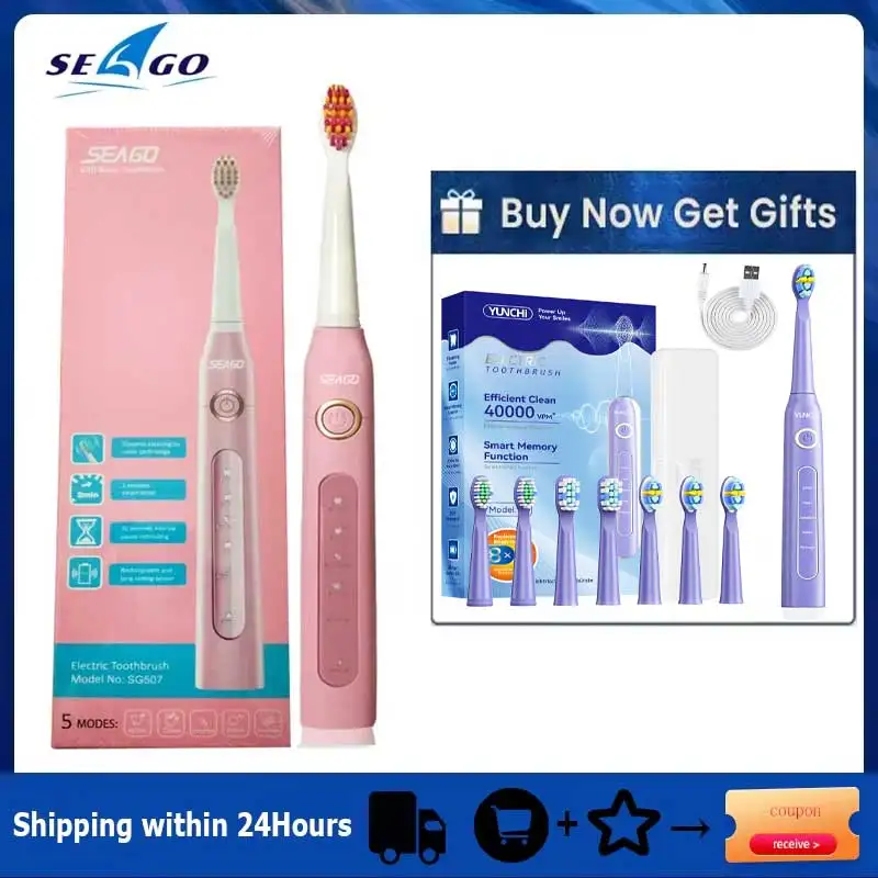 

Seago SG507 Звуковая электрическая зубная щетка для взрослых, 5-режимная щетка с таймером, USB перезаряжаемая зубная щетка со сменными насадками