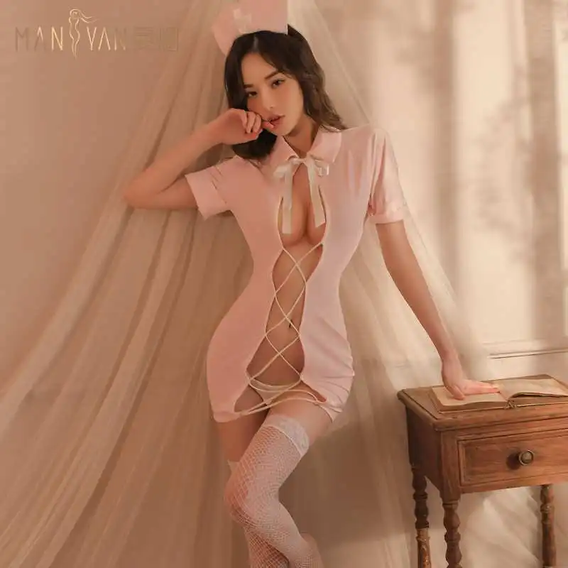 Novo design feminino sexy oco transparente roleplay enfermeira uniforme senhora naugty cosplay trajes virilha aberta lingerie vestido
