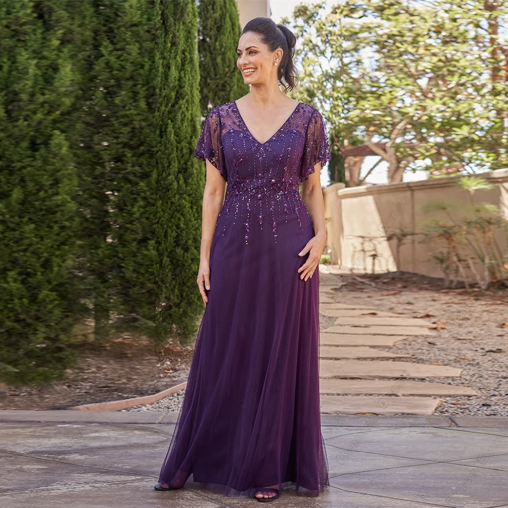 

Gorgeous Half Sleeve Mother of Bride Dresses with Beading Sequined Purple Soft Tulle Wedding Party Gowns Vestido De Noche