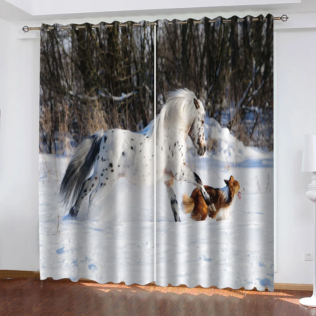 

Customized Window Curtain For Home Decor Animal White Horse Winter Snow Printed Children'S Modern Curtains 2 Panel Living Room