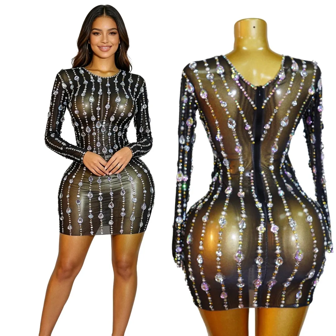 Sexy Sparkling Rhinestone Black Dress Full Diamond Mesh Stretch Birthday Celebration Dress Evening Dress Singer Stage Costume