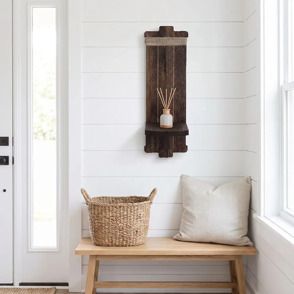 Farmhouse Wooden Wall-Mounted Candlestick Wall Hanging Rustic Candle Holders Vintage Floating Shelf Living Room