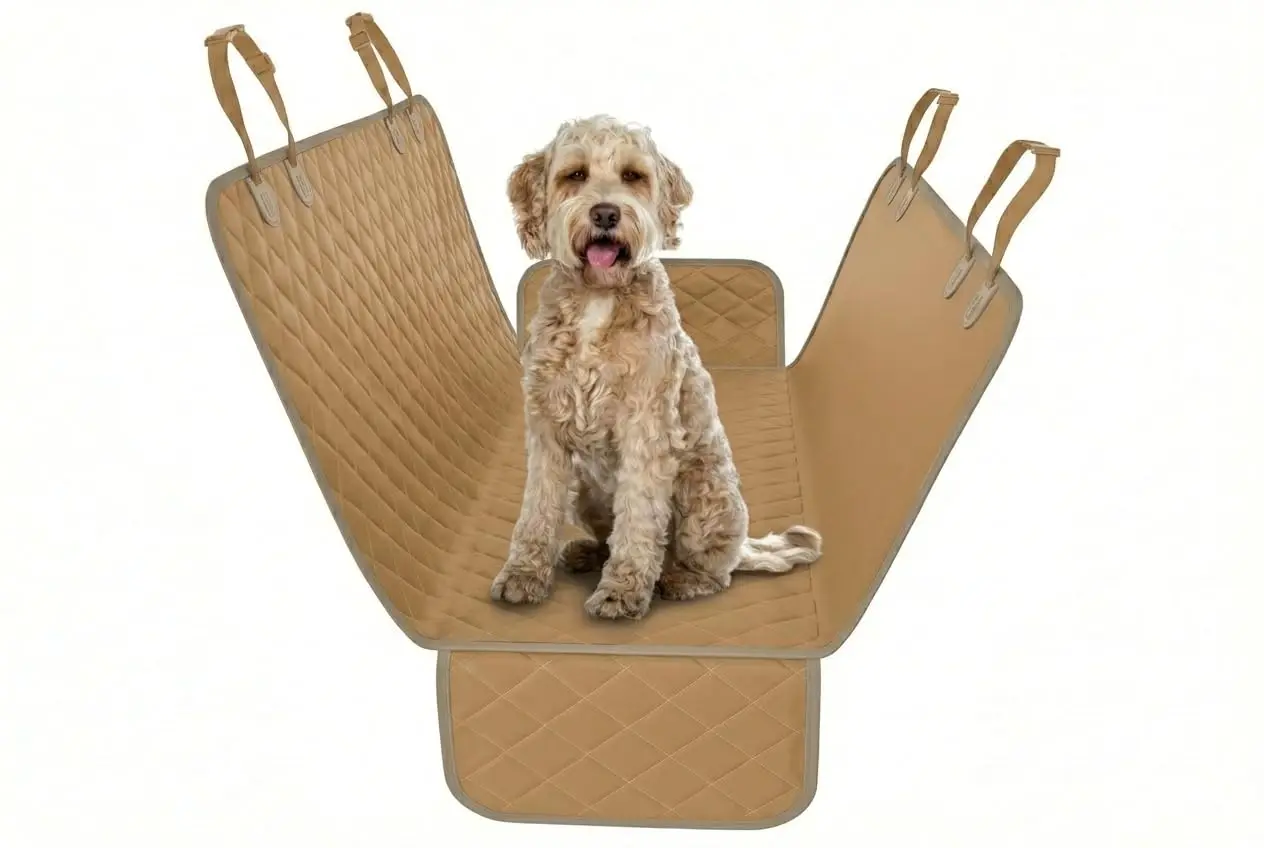 

Tan Quilted Dog Car Seat Cover For Backseat Bench, Waterproof Pet Hammock Protector, Machine Washable & Wipe Clean