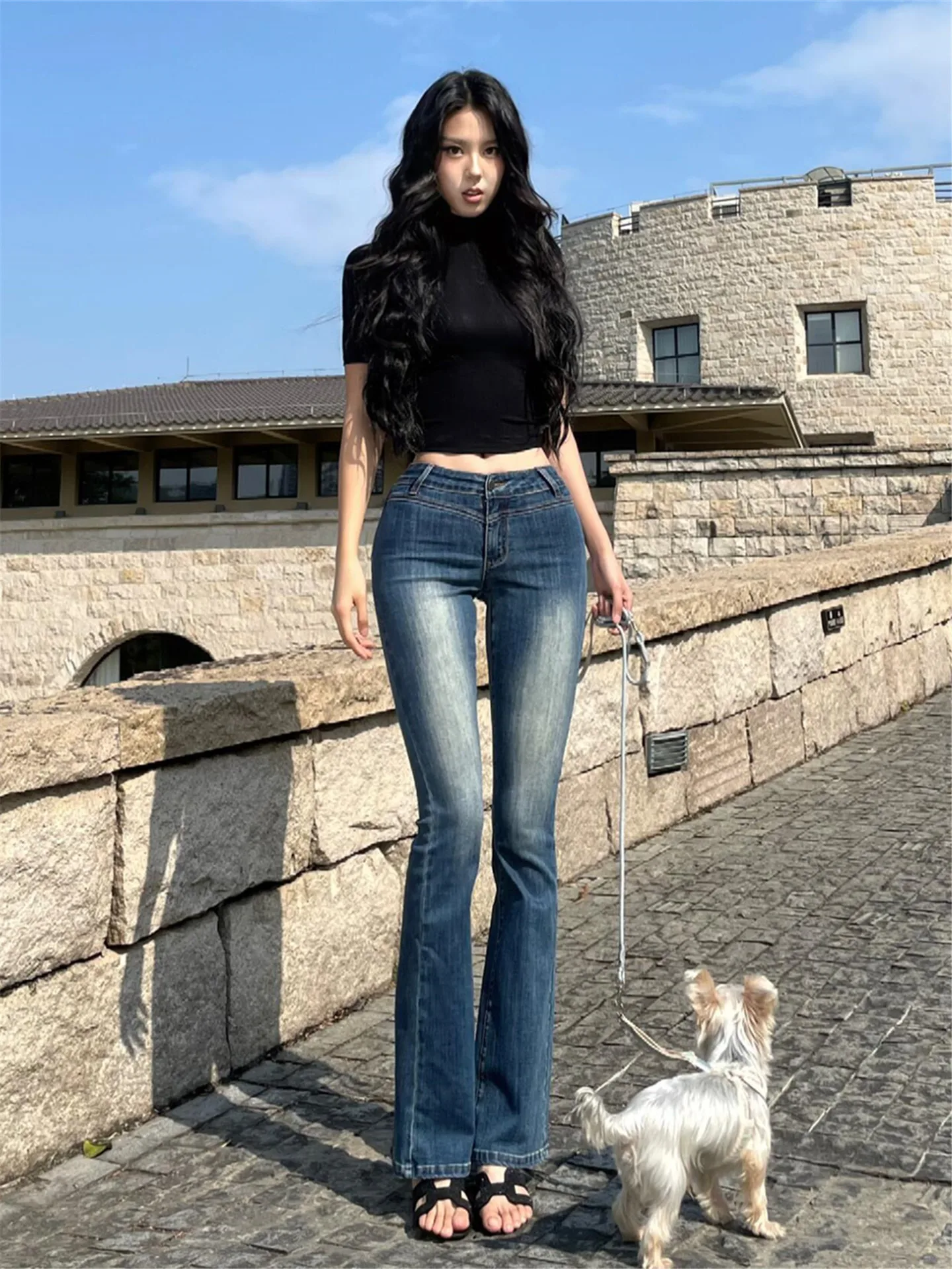 

American High Street Low Waist Bell Bottom Jeans Women's Spring Summer Slimming Old Fashioned Tall Extended Floor Length Pants