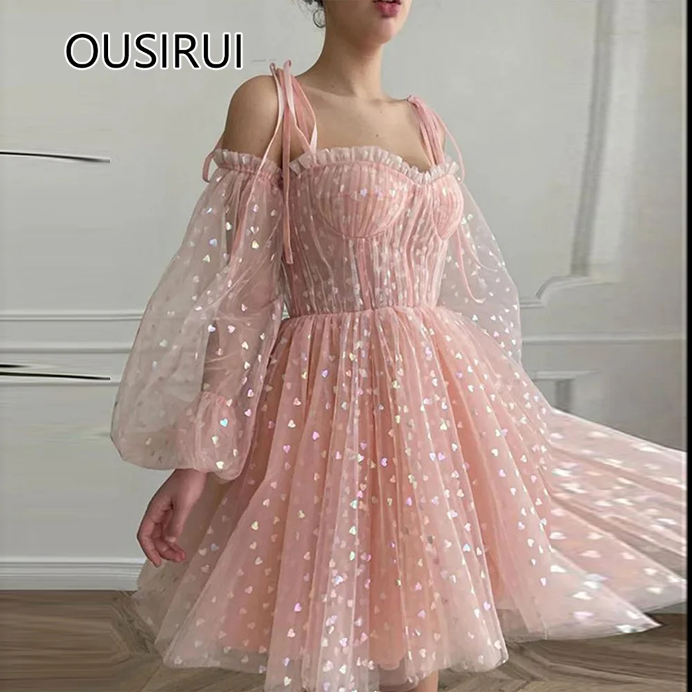 

OUSIRUI Elegant Sweetheart Collar Prom Party Dress with Sequins Short Mini Prom Gown Long Puff Sleeve Backless robe de mariée