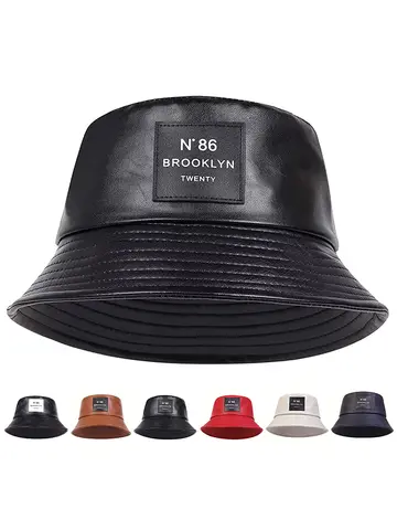 Unisex N86 Label Personality Pu Leather Bucket Hats Fishermen Caps Outdoor Casual Cap Sunscreen Hat